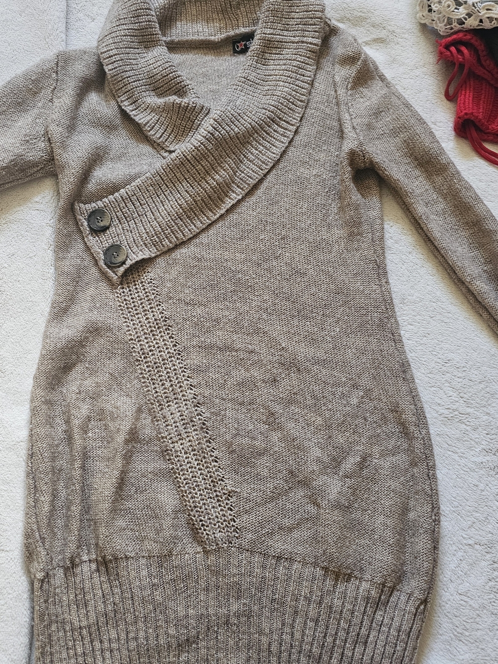 Cozy Shawl Collar Beige Sweater Dress - Women